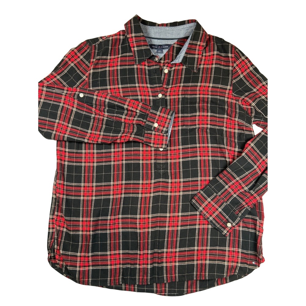 Tommy Hilfiger Women's Red Black Plaid 100% Cotton Henley Pullover Shirt Large